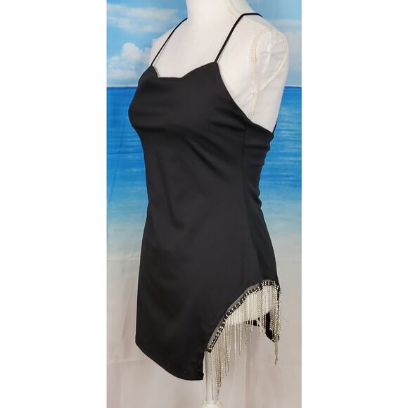 Woman's BLACK SEXY Club Party Dress Faux DIAMOND FRINGE Back Zip STRETCH size Sm - Picture 2 of 12